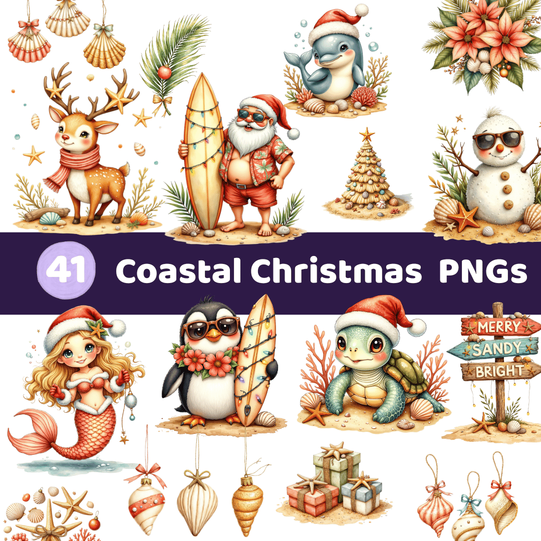 Coastal Christmas clipart with turtle, dolphin, crab, flamingo, narwhal, and seagull in Santa hats – whimsical beach holiday PNGs for sublimation and crafts