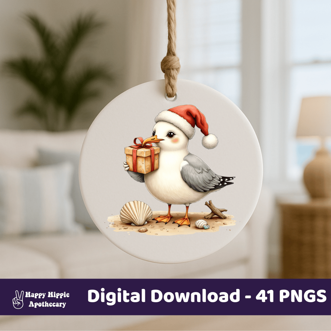 Round ornament mockup featuring seagull in Santa hat holding a present – Coastal Christmas sublimation PNG for holiday crafts and gifts