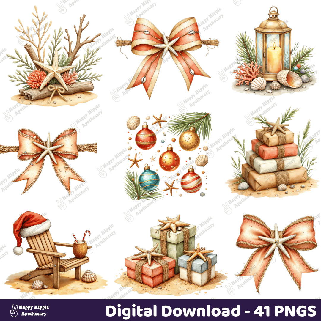 Preview of 9 coastal Christmas PNGs including starfish bows, seashell lantern, beach presents, and tropical ornaments – part of 41-piece beach holiday clipart bundle