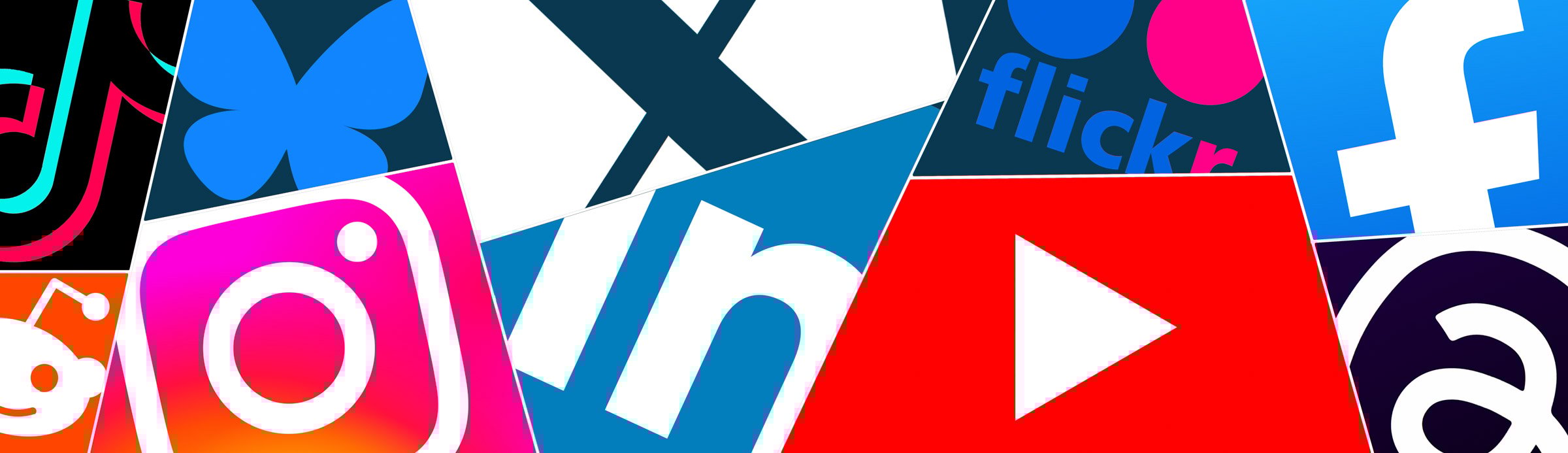 A colorful collage of major social media logos, including TikTok, Instagram, LinkedIn, YouTube, Facebook, Reddit, Flickr, and Bluesky, arranged diagonally in overlapping panels, symbolizing The Creative Guide’s broad online presence and the connection between thinking and seeing platforms.