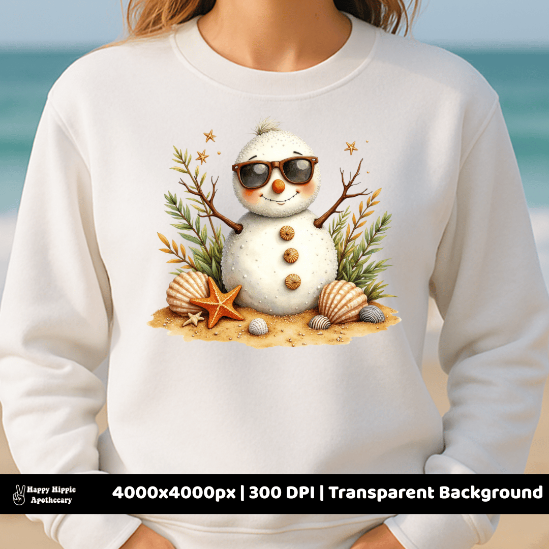 Tropical snowman with seashell buttons on white sweatshirt, beach-themed Christmas PNG for sublimation apparel and small business designs