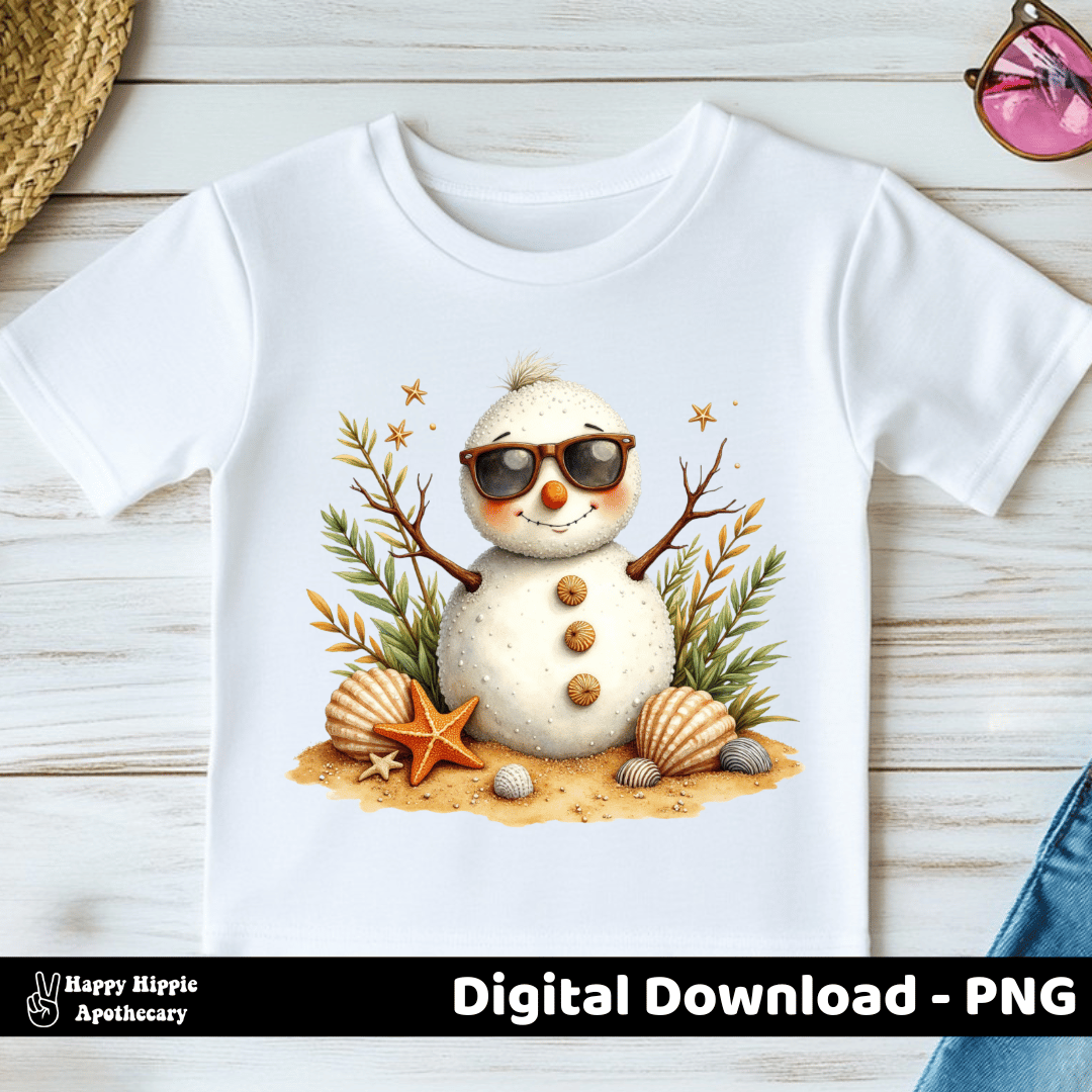Beach-themed snowman design on white toddler T-shirt flat lay, sublimation PNG for kids holiday apparel with coastal Christmas theme