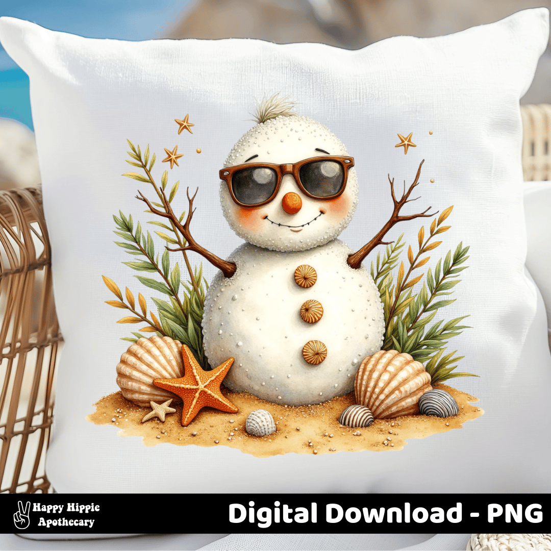 Coastal Christmas snowman design on black ceramic mug, featuring sunglasses and seashells, PNG for holiday drinkware sublimation