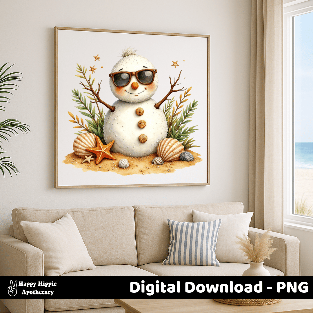 Framed beachy snowman wall art in neutral coastal living room, PNG sublimation design for holiday home decor and seasonal gifts