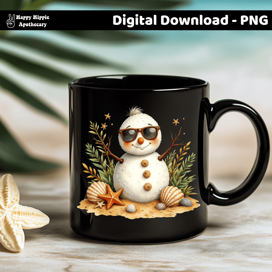 Coastal Christmas snowman design on black ceramic mug, featuring sunglasses and seashells, PNG for holiday drinkware sublimation