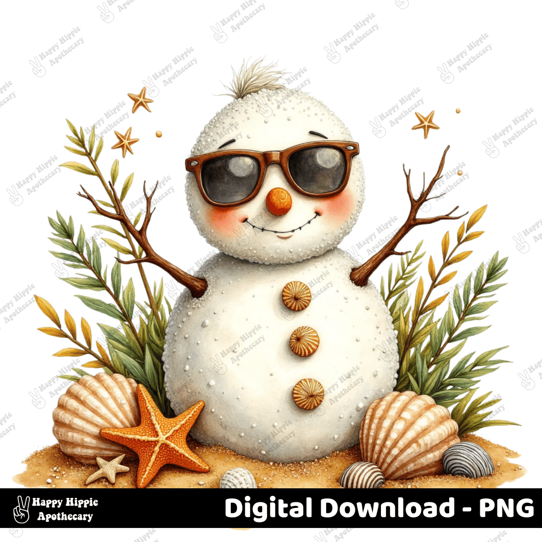 Standalone beach snowman PNG with transparent background, seashell buttons and tropical foliage, perfect for sublimation and print projects