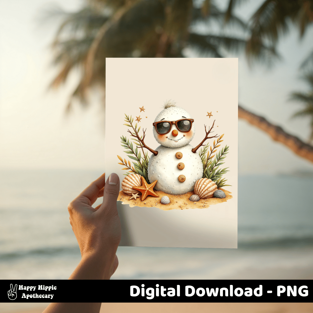 Printable coastal Christmas snowman PNG held against tropical beach background, perfect for holiday wall art, cards, and coastal decor