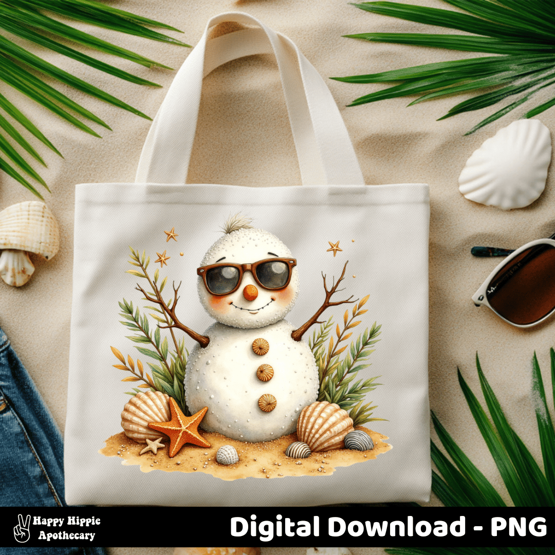 Coastal Christmas snowman PNG printed on beach tote bag with sunglasses and shells, tropical holiday sublimation mockup for gift or market sellers