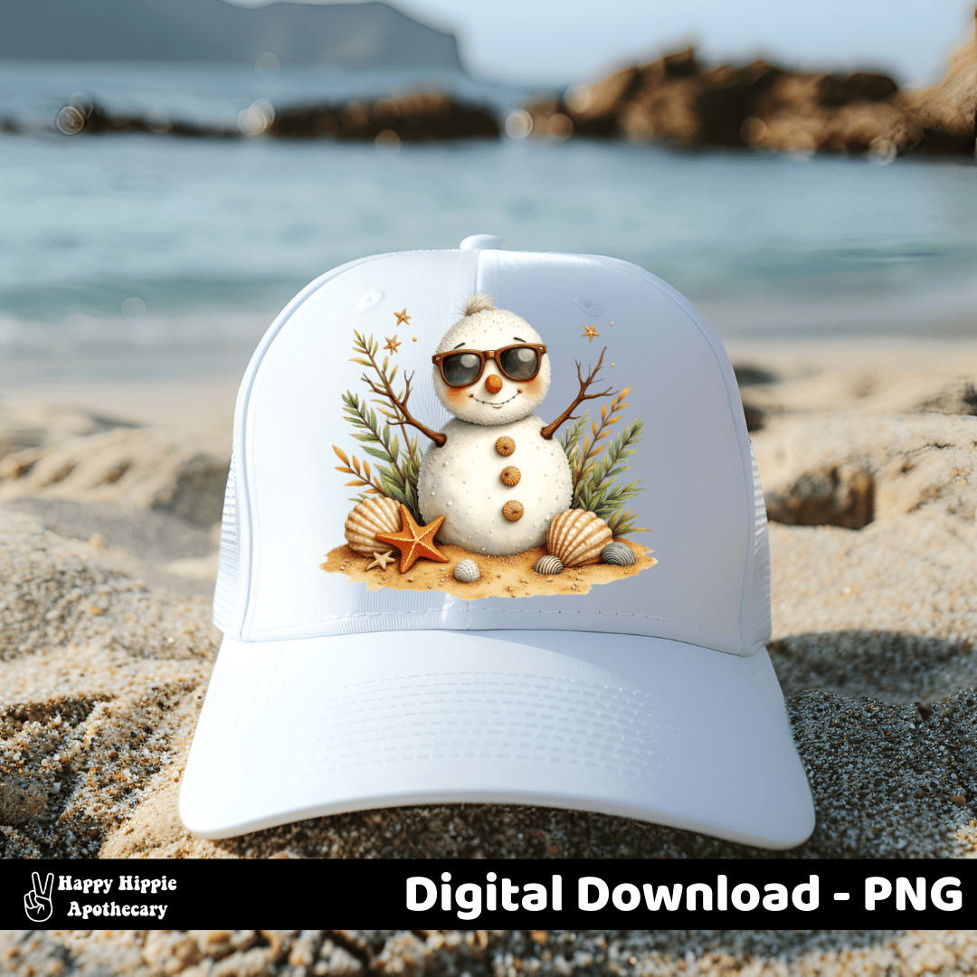 Coastal Christmas snowman PNG design on white beach hat mockup, perfect for tropical holiday sublimation and coastal Christmas crafts
