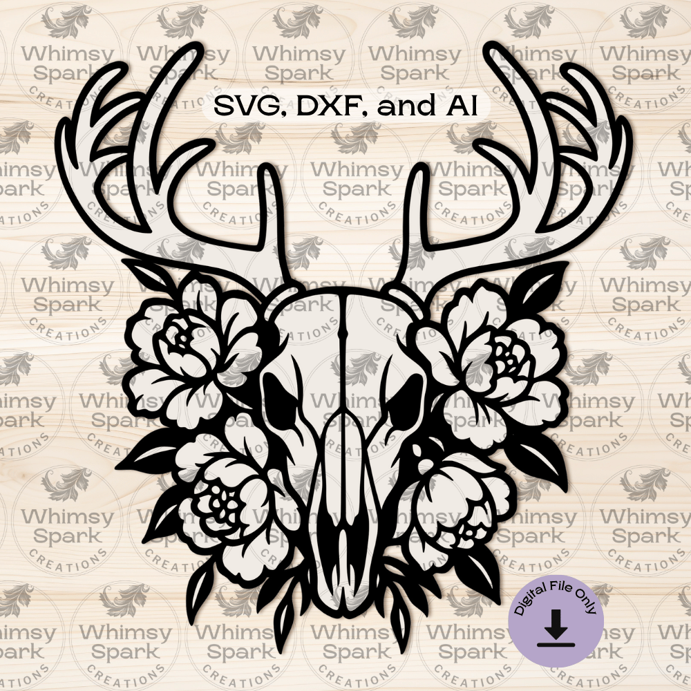 Layered deer skull with ornate antlers and blooming flowers in black and white, designed for laser cutting. Gothic boho wall art style, perfect for makers and crafters using Glowforge or Cricut.