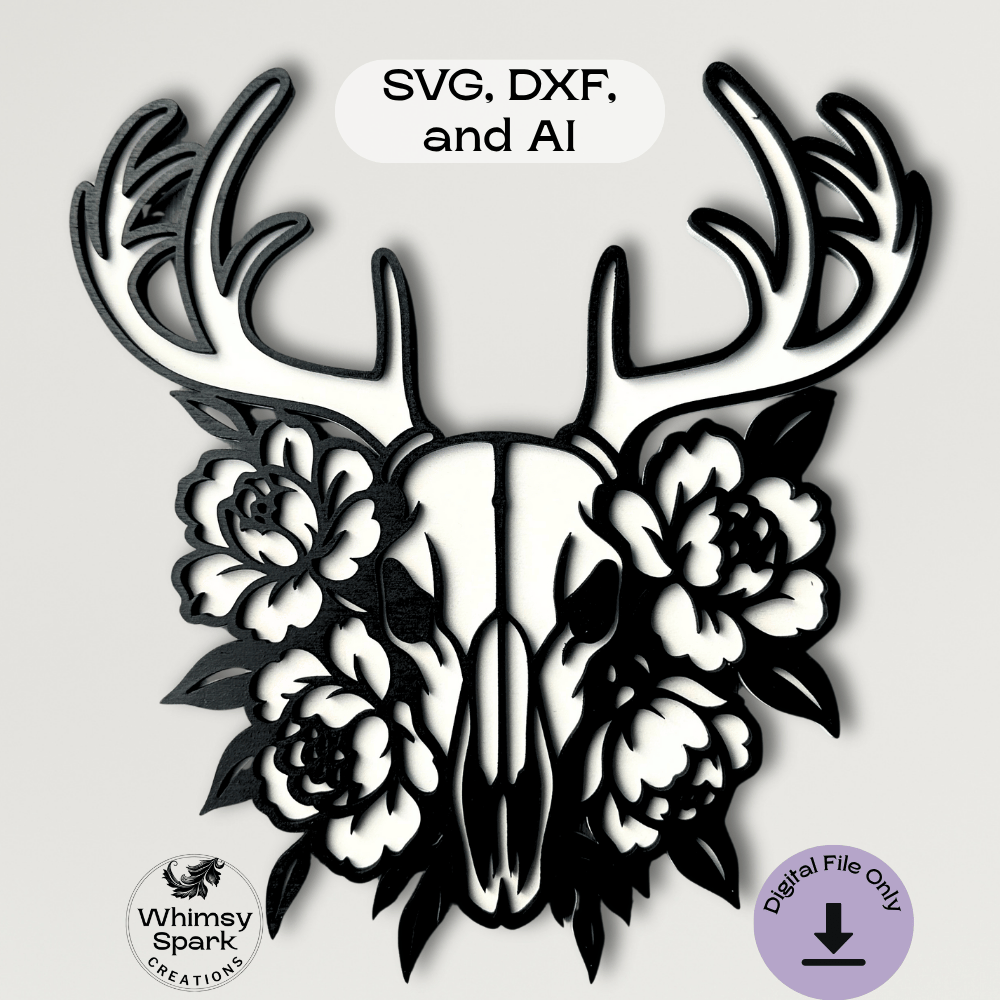 Layered deer skull with ornate antlers and blooming flowers in black and white, designed for laser cutting. Gothic boho wall art style, perfect for makers and crafters using Glowforge or Cricut.