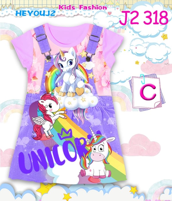 Pony and unicorn themed mock denim dress for toddler girls, style 318.