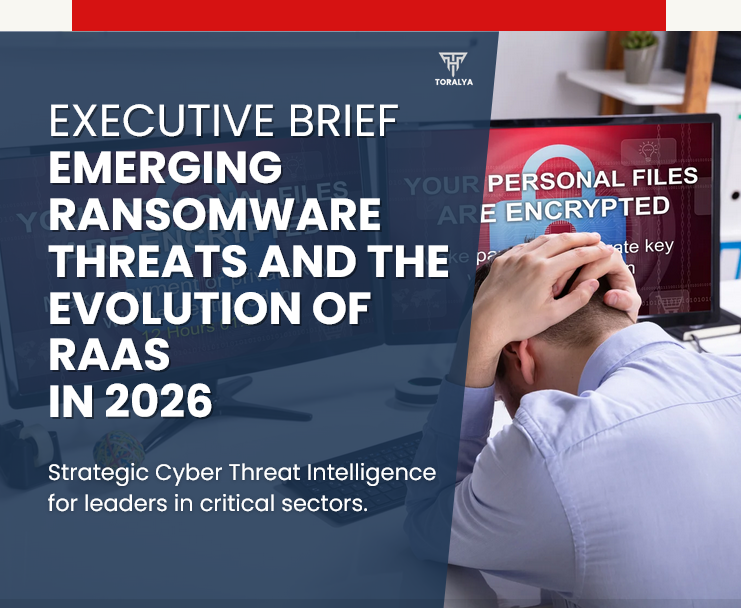 Cover of Toralyas executive brief titled “Emerging Ransomware Threats and the Evolution of RaaS in 2026”, showing a stressed professional facing a ransomware-locked screen. Strategic cyber threat intelligence for CISOs and critical infrastructure leaders
