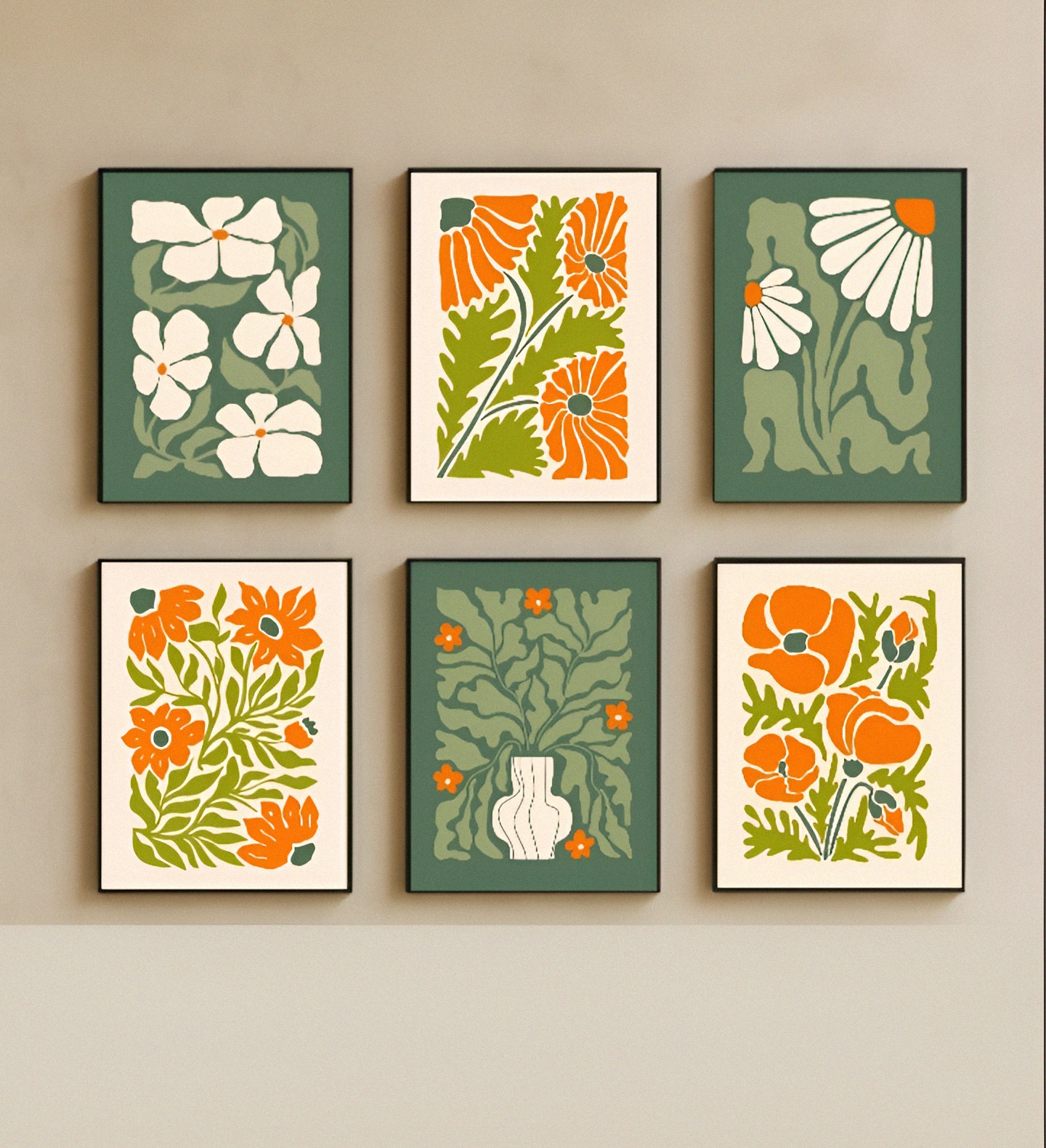 Retro Floral Wall Art Set – Vintage Botanical Prints in Green and ...