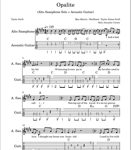 Taylor Swift - Opalite (Alto Saxophone Solo + Acoustic Guitar PDF + Mp3)