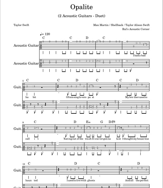 Taylor Swift - Opalite (2 Acoustic Guitars Sheet Music Tab's PDF + Mp3 Audio)