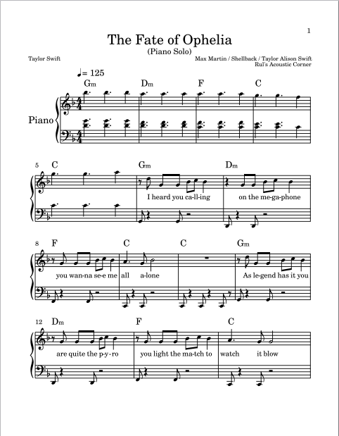 Taylor Swift - The Fate of Ophelia (Piano Solo Sheet Music PDF + Mp3 Audio)