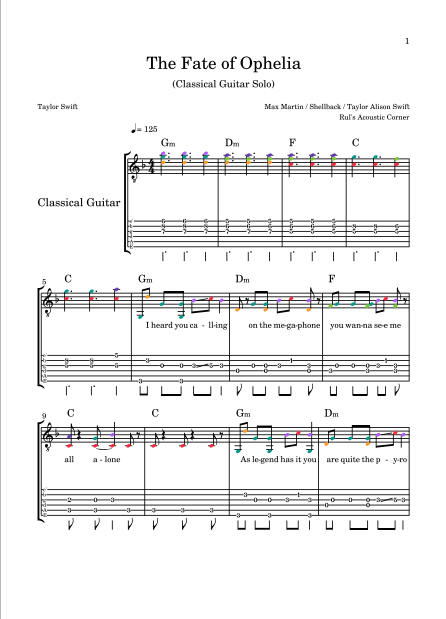 Taylor Swift - The Fate of Ophelia (Classical Guitar Solo Sheet Music PDF + Mp3 Audio)
