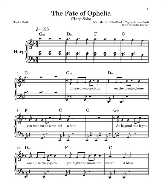 Taylor Swift - The Fate of Ophelia (Harp Solo Sheet Music PDF + Mp3 Audio)