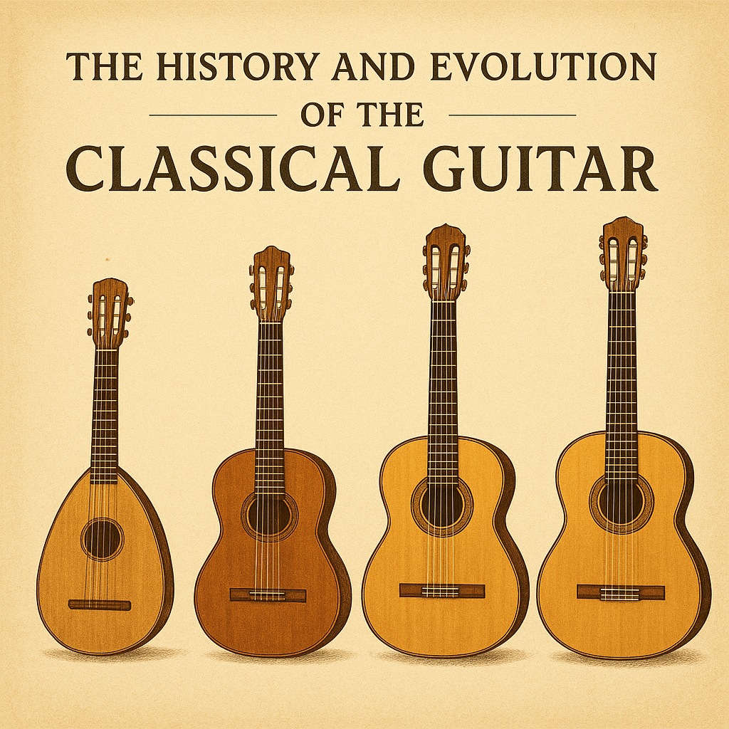 Illustration showing the history and evolution of the classical guitar from lute to modern six-string instrument