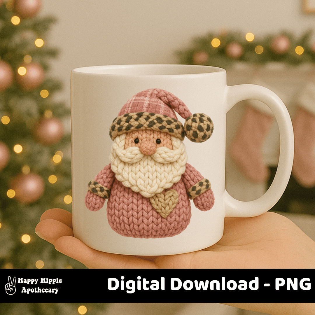 Pink faux crochet Santa PNG on white ceramic Christmas mug, perfect for sublimation and cozy holiday drinkware designs