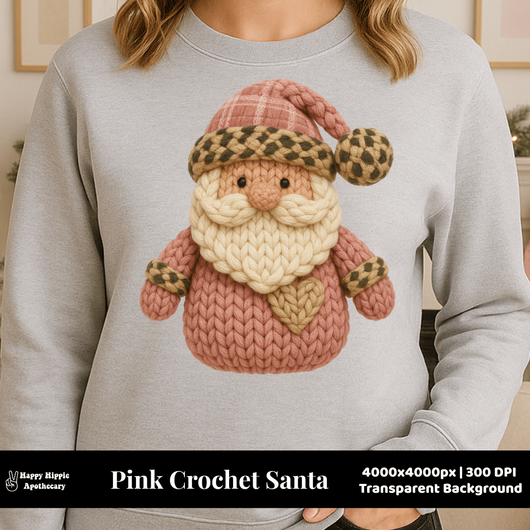 Pink cheetah faux crochet Santa design on sweatshirt, sublimation-ready PNG for cozy boutique holiday apparel