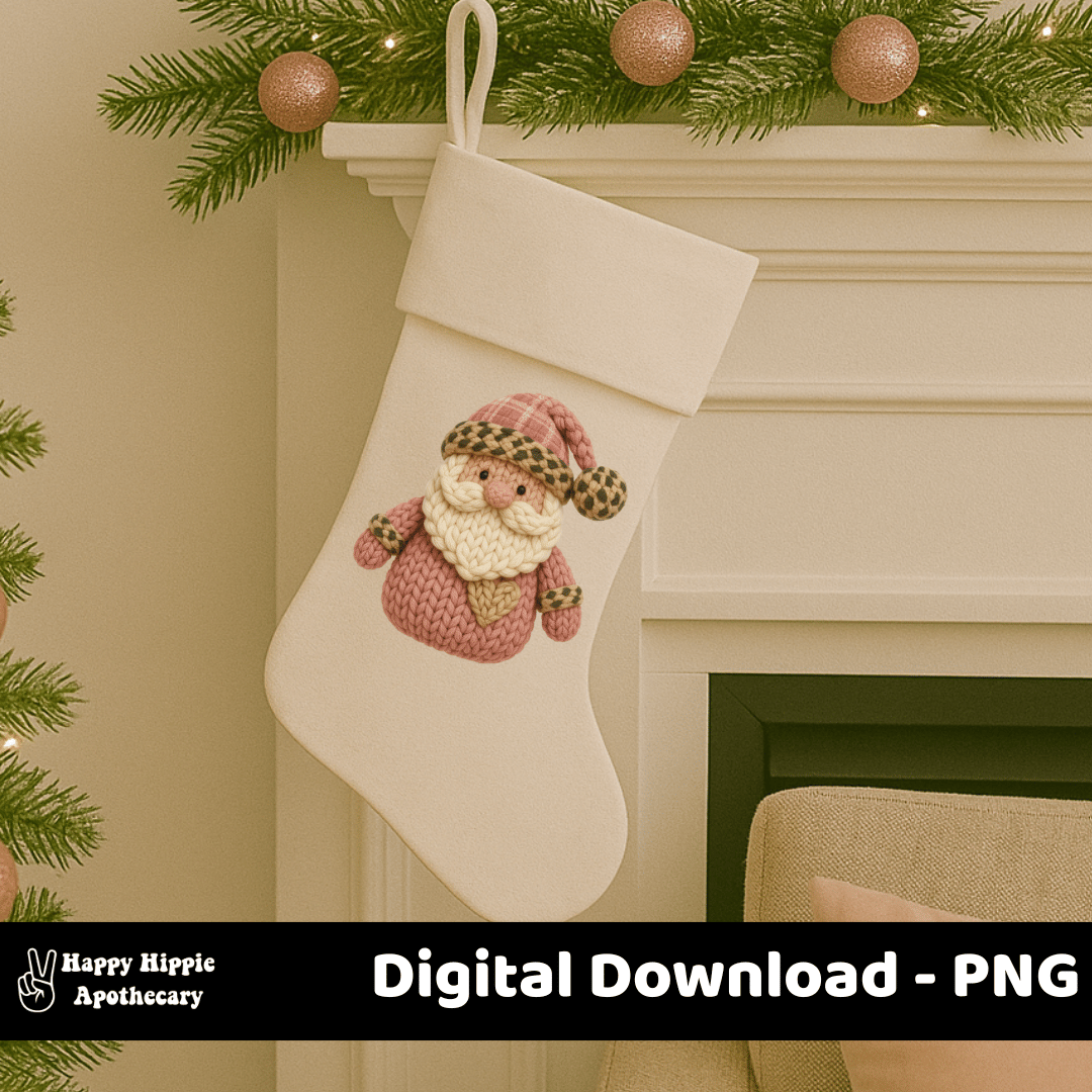 Cute faux knit Santa PNG on neutral holiday stocking, digital design for Christmas sublimation or printable stocking decor
