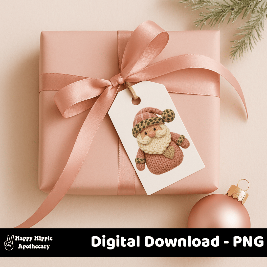 Pink cheetah crochet-style Santa PNG on Christmas gift tag with blush wrapping paper, perfect for printable holiday labels and packaging
