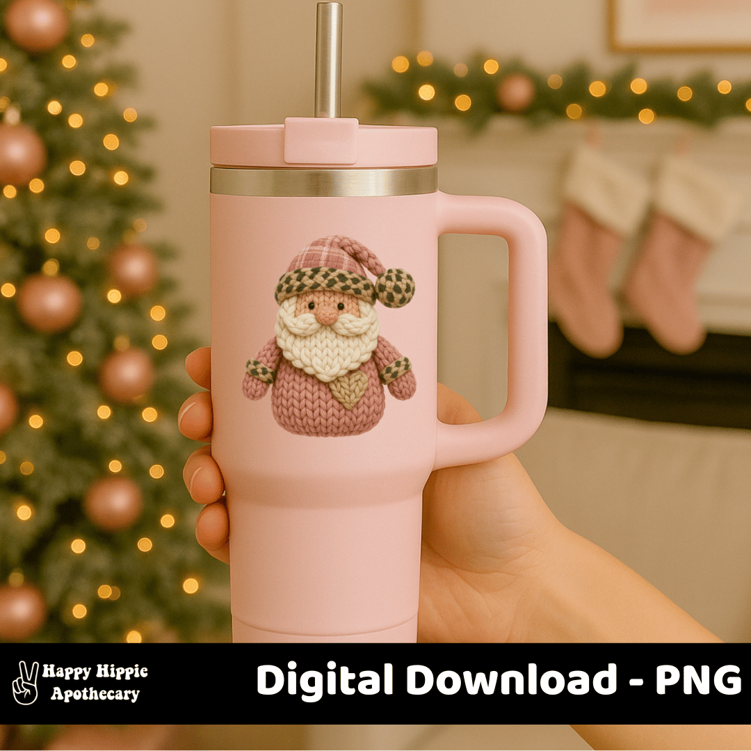Pink faux crochet Santa PNG on blush travel tumbler, Christmas digital design for sublimation cups and seasonal drinkware