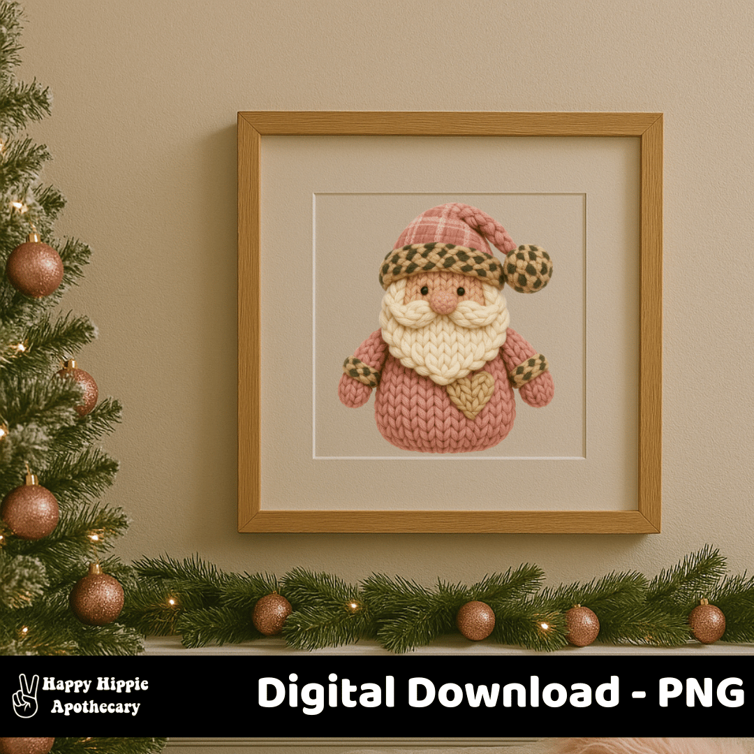 Framed printable wall art featuring faux crochet Santa in pink cheetah style, digital Christmas decor for home or small business
