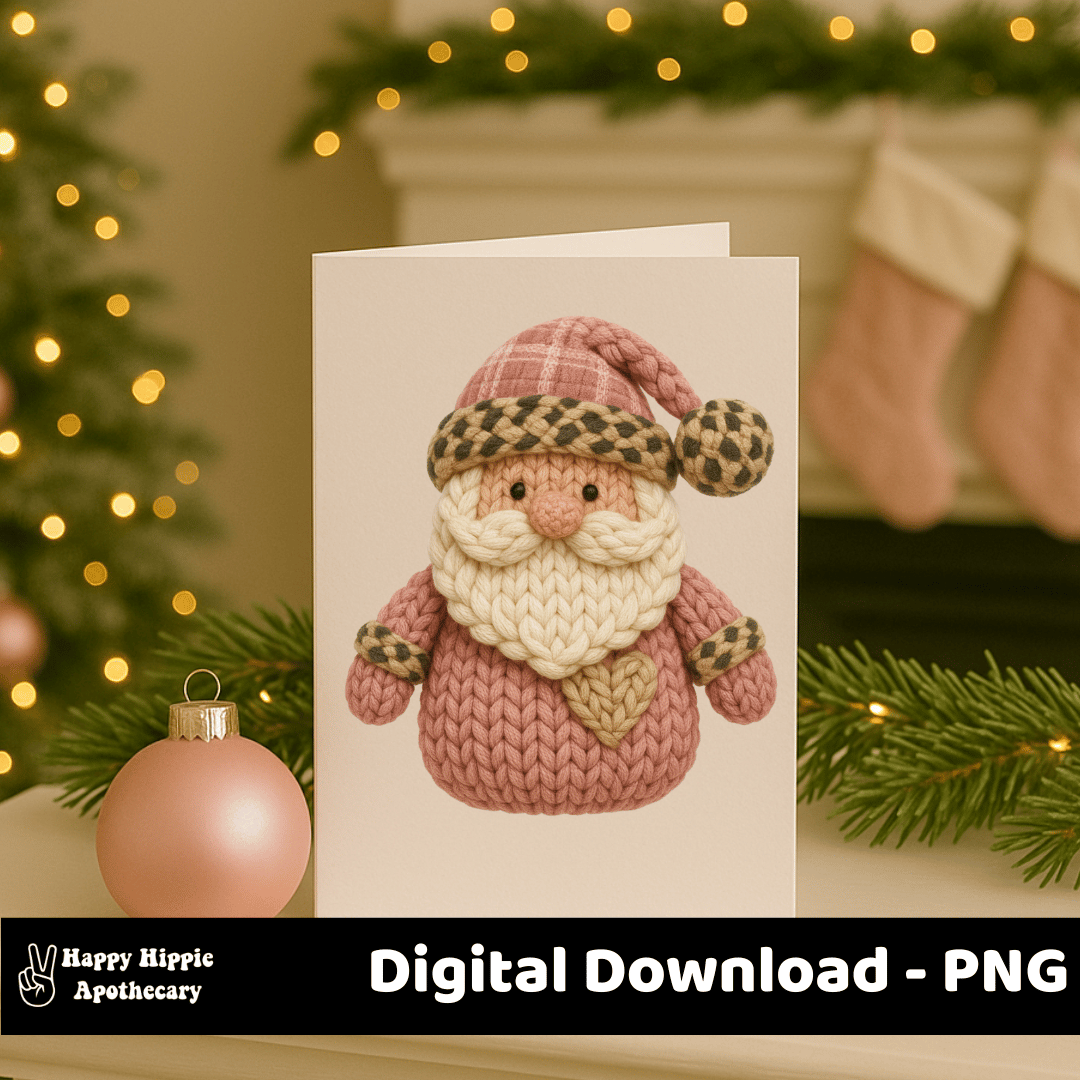 Pink faux crochet Santa PNG on Christmas card, printable clipart for DIY holiday cards, scrapbooking, and digital paper crafts