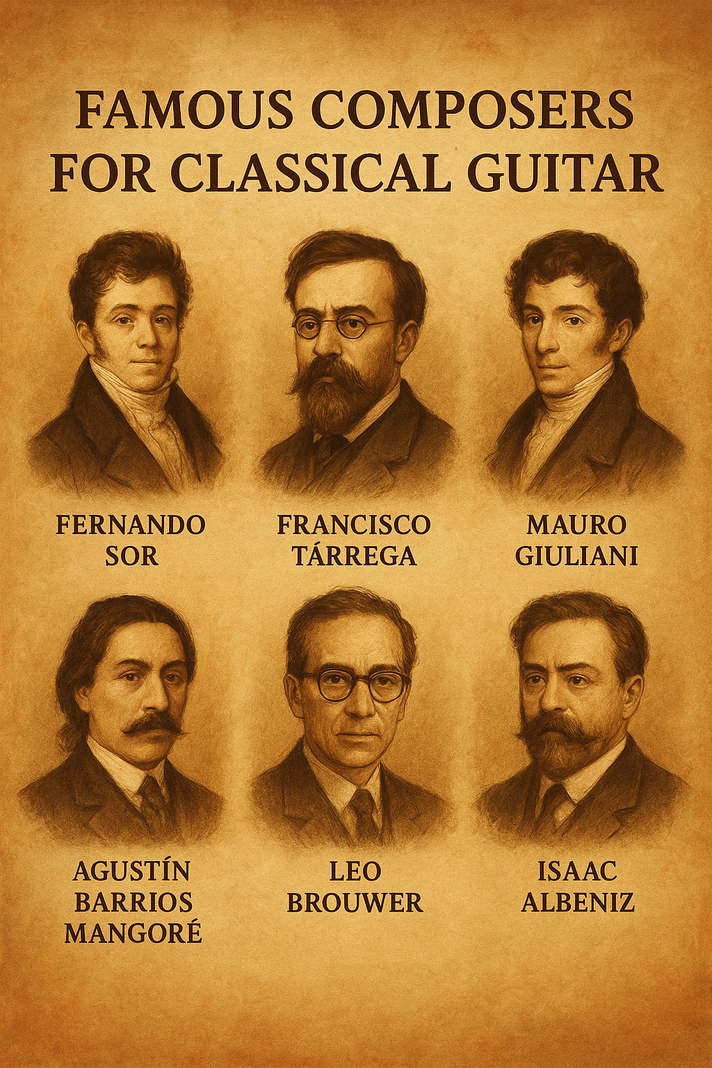 Portraits of famous classical guitar composers – Fernando Sor, Francisco Tárrega, Mauro Giuliani, Agustín Barrios Mangoré, Leo Brouwer, and Isaac Albéniz – on a vintage background.