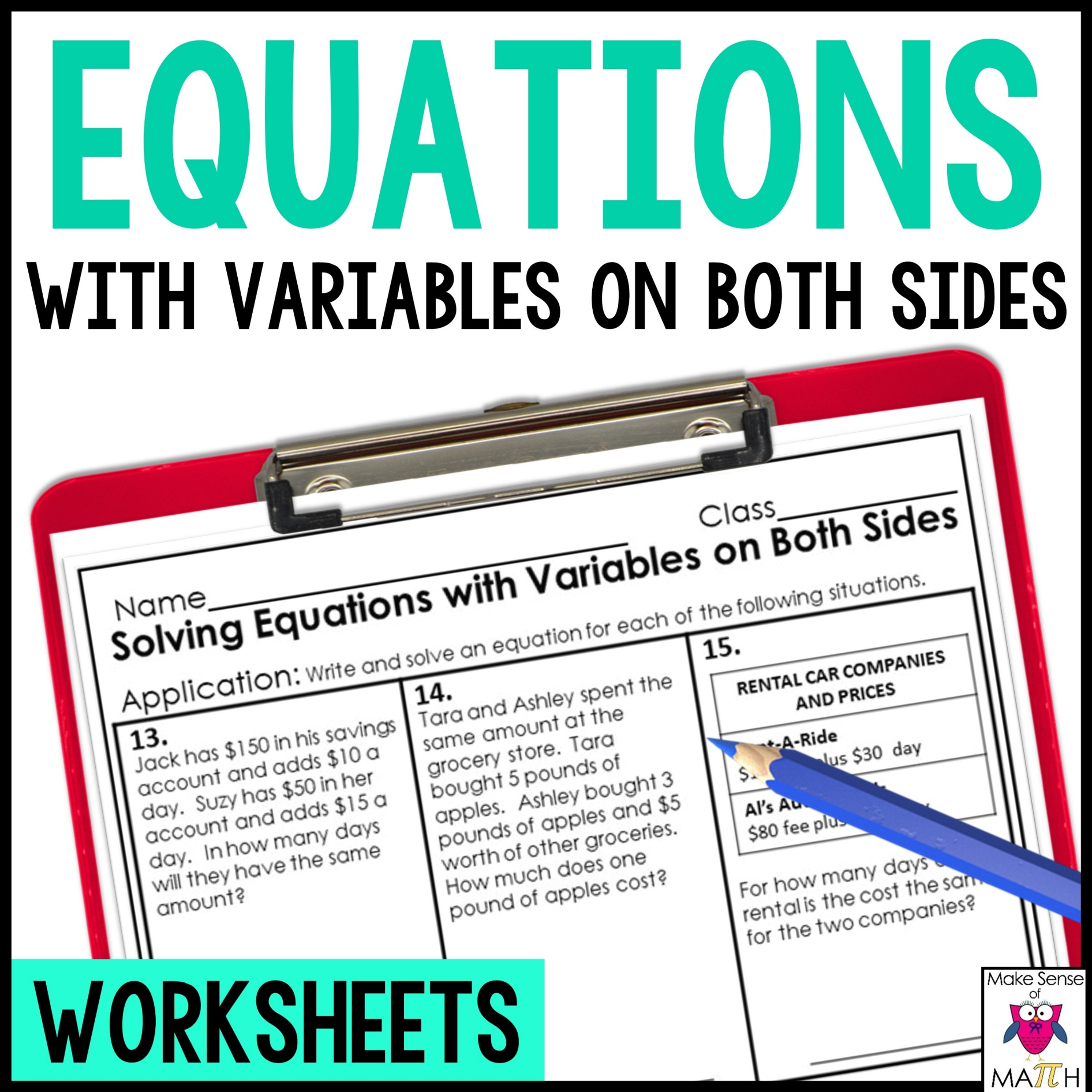 Solving Equations with Variables on Both Sides Worksheets | Multistep ...