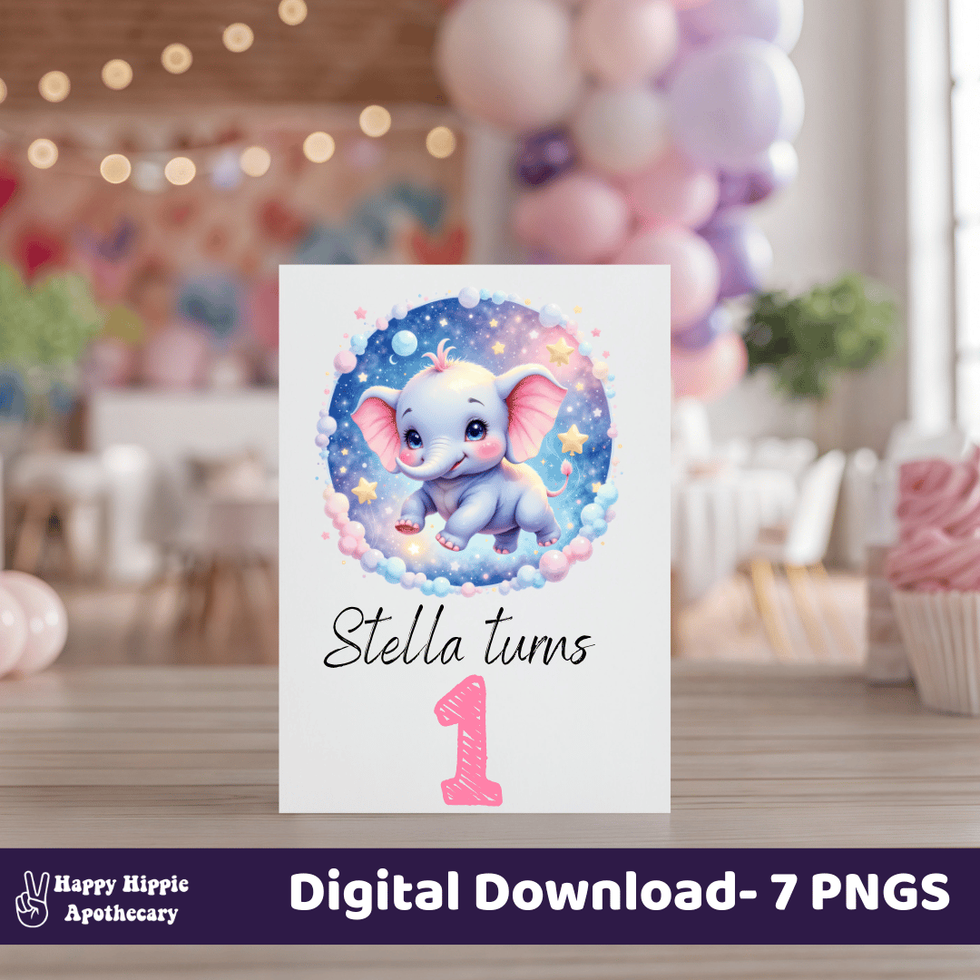 Watercolor celestial elephant PNG used on kids birthday invitation card, perfect for baby showers and party printables