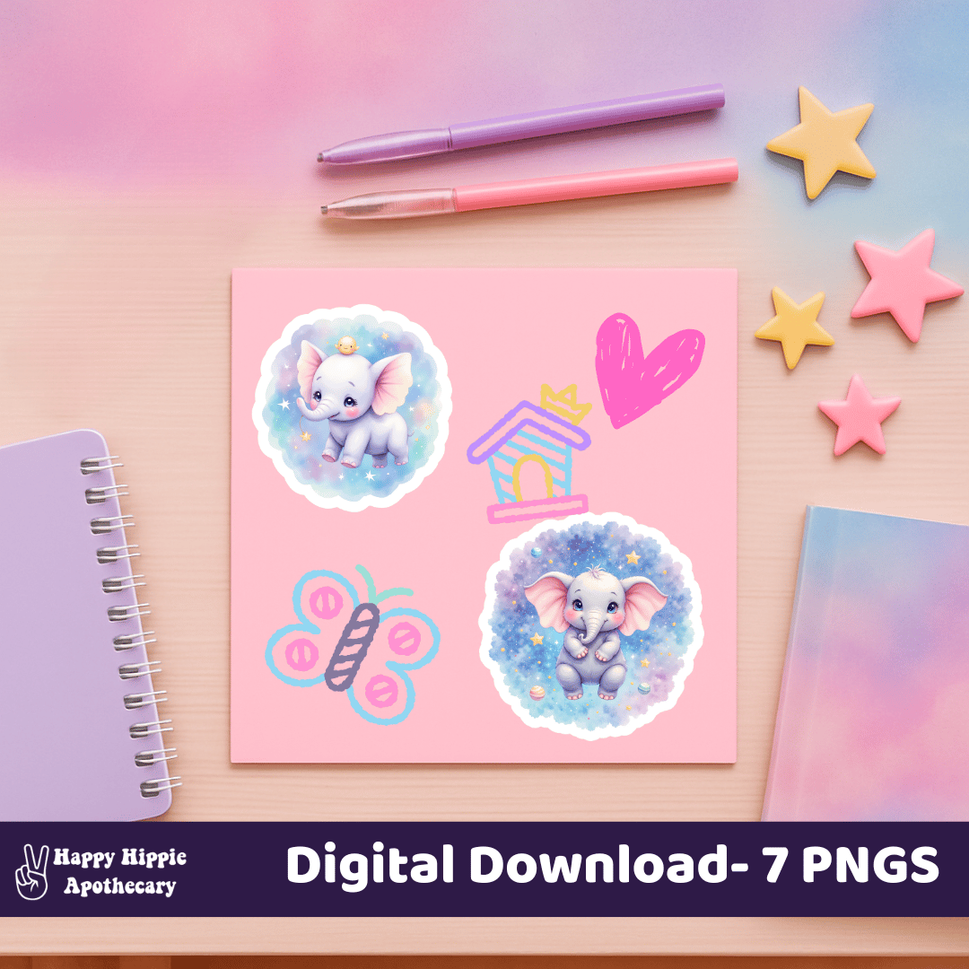 Celestial elephant PNG stickers arranged on pastel desk for sticker sheets, planners, and kids crafting projects.