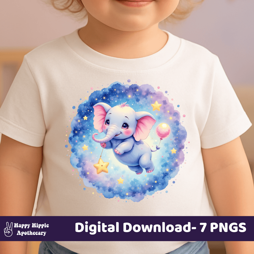 Watercolor celestial elephant PNG on toddler T-shirt mockup for kids apparel, sublimation designs, and baby outfits.