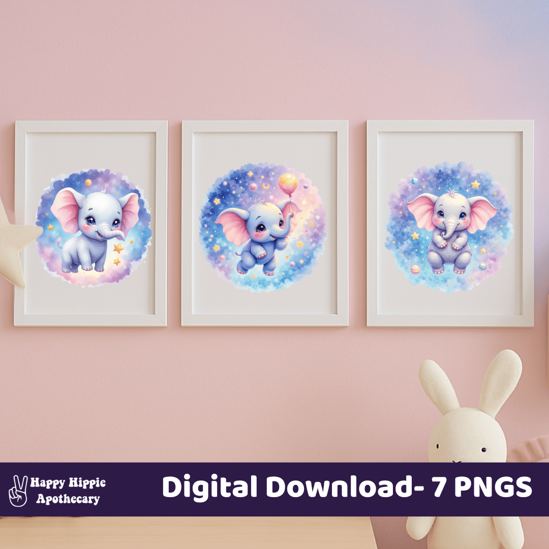 Three framed celestial baby elephant watercolor prints displayed in a pastel nursery wall art mockup.