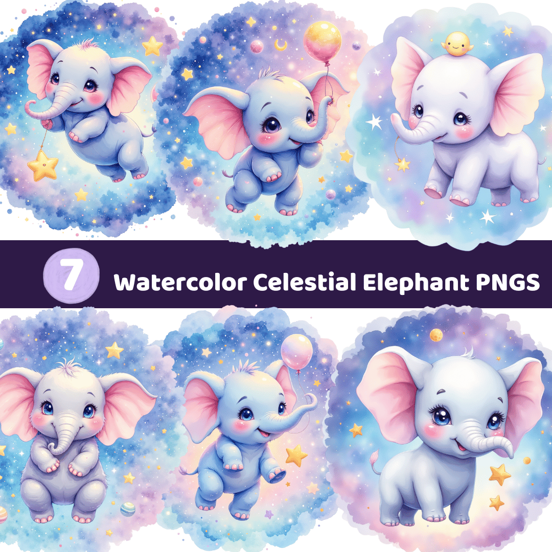 Bundle of seven watercolor celestial elephant PNGs with galaxy backgrounds for nursery art, sublimation, and stickers.