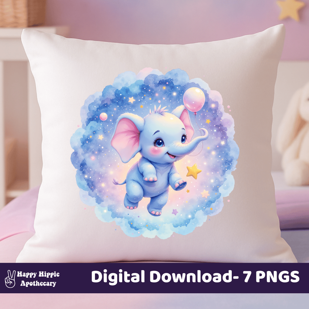 Cute watercolor celestial elephant PNG design on nursery throw pillow mockup for sublimation and kids room décor.