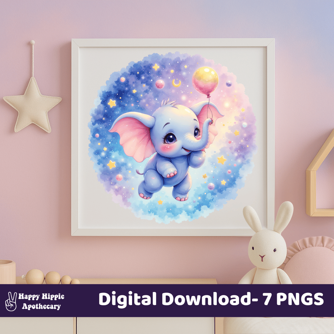 Watercolor celestial baby elephant PNG displayed as nursery wall art print in pastel kids bedroom mockup.