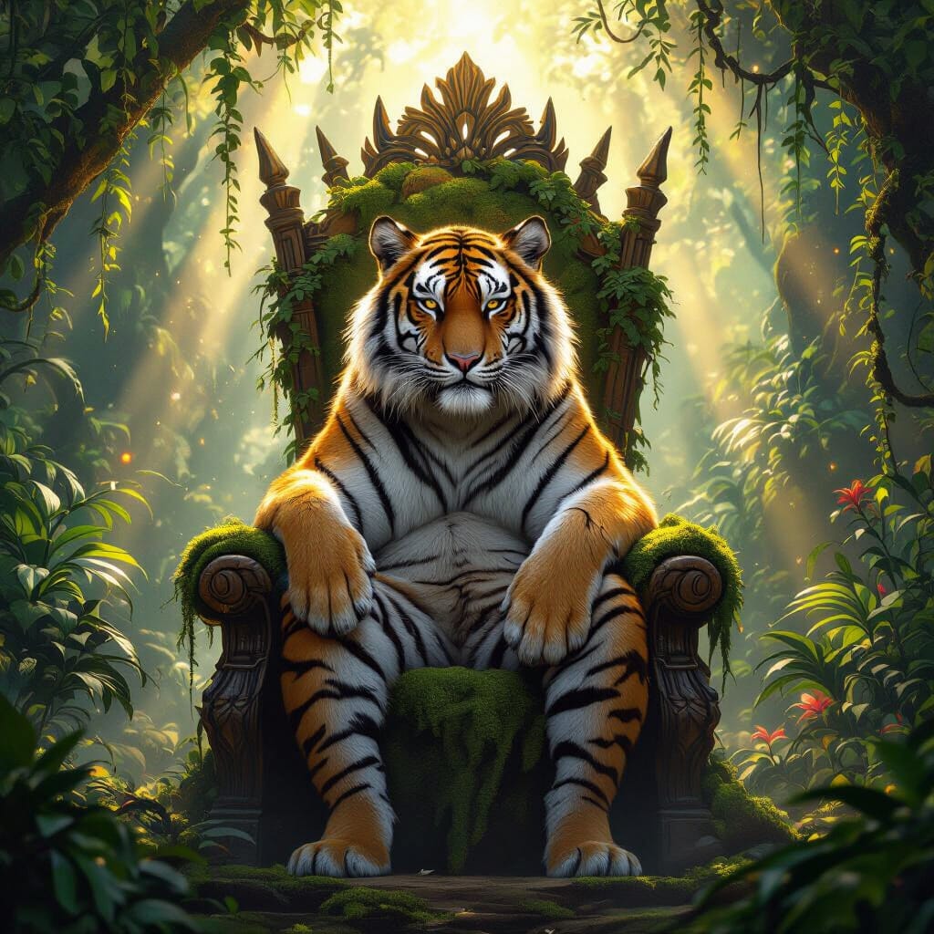 Tiger seated on a throne in the jungle