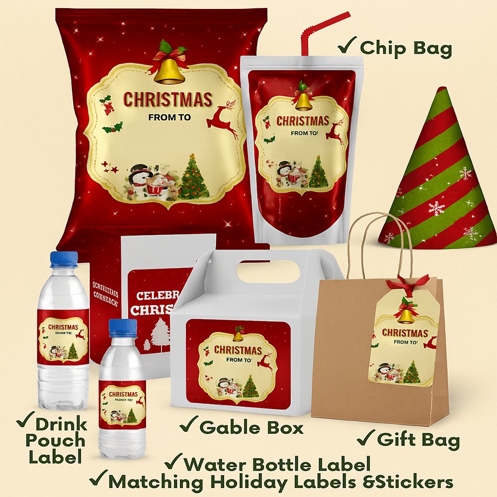 christmas party favor canva christmas template editable chip bag holiday party bundle christmas drink pouch printable party set holiday labels christmas packaging design party favor templates canva printable