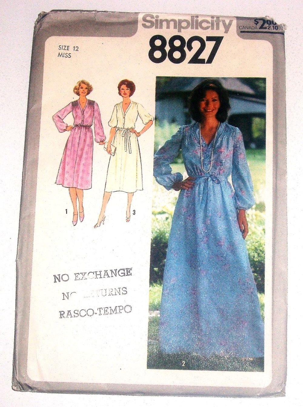 Simplicity 8827 Vintage 1978 Dress Sewing Pattern – Misses Size 12