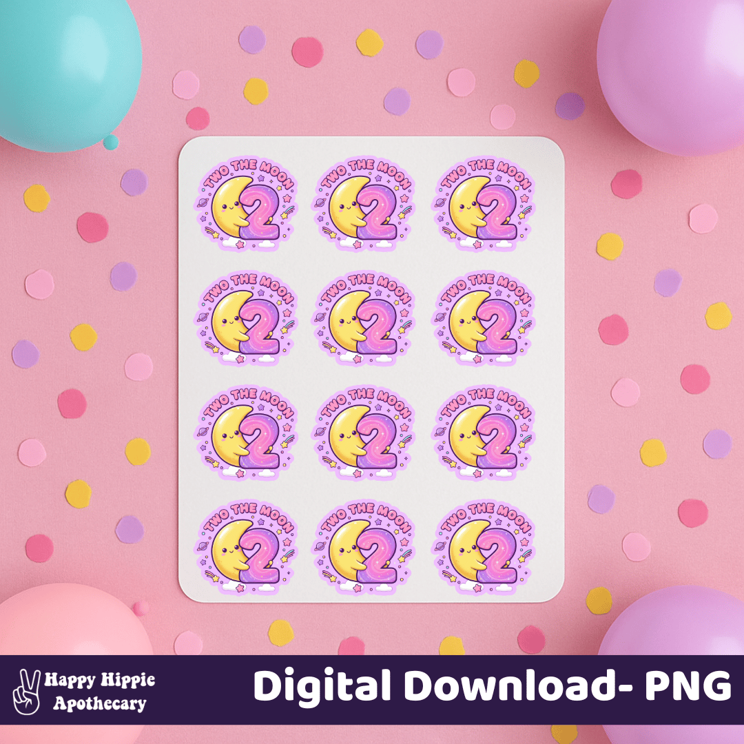 Two the Moon 2nd birthday printable sticker sheet – digital PNG with cute moon and pastel galaxy number 2 clipart for DIY party favors