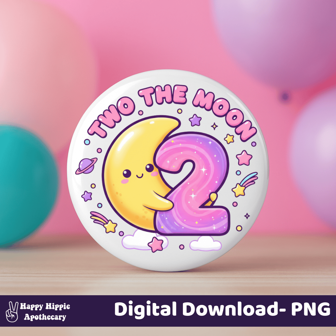 Two the Moon 2nd birthday button design featuring a kawaii moon hugging the number 2 in a pastel galaxy theme – digital download PNG