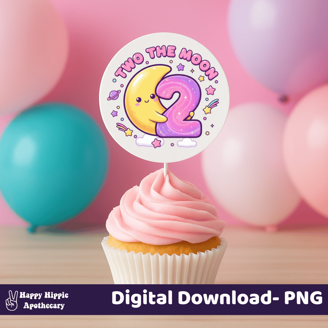Cupcake topper with Two the Moon PNG design – pastel kawaii moon and galaxy number 2 clipart for second birthday party decoration
