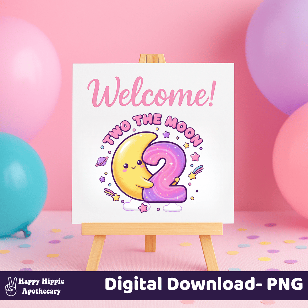 Welcome sign for 2nd birthday with Two the Moon design – pastel moon and number 2 PNG clipart perfect for digital party decor projects
