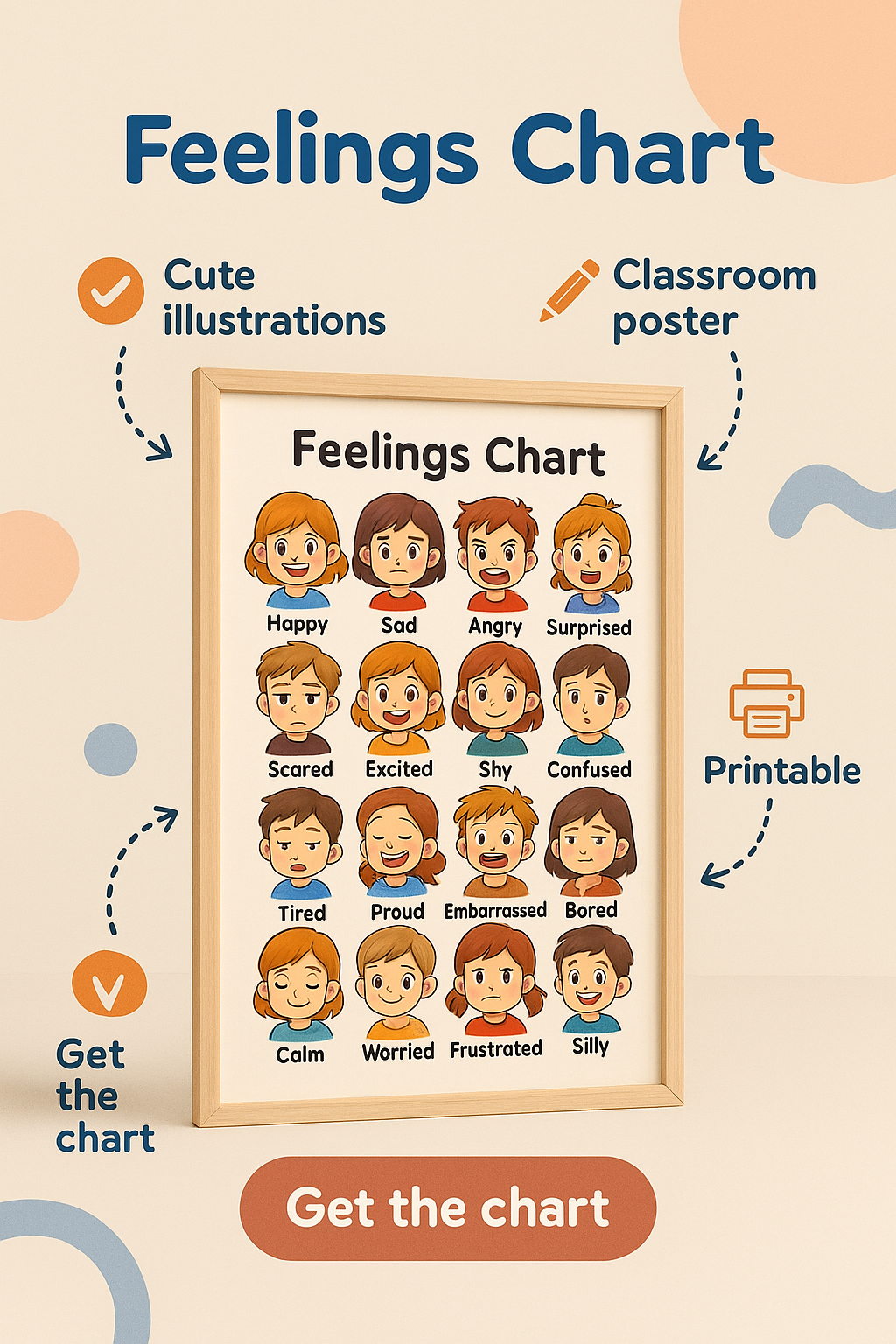 Kawaii Kids Feelings & Emotions Learning Chart – Cute Printable Classroom Poster