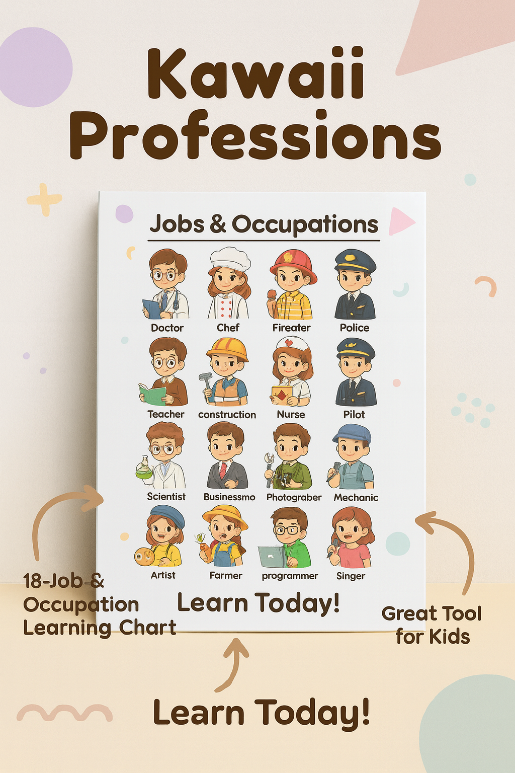 Kawaii Jobs & Occupations Learning Chart – Cute Professions Poster for Kids