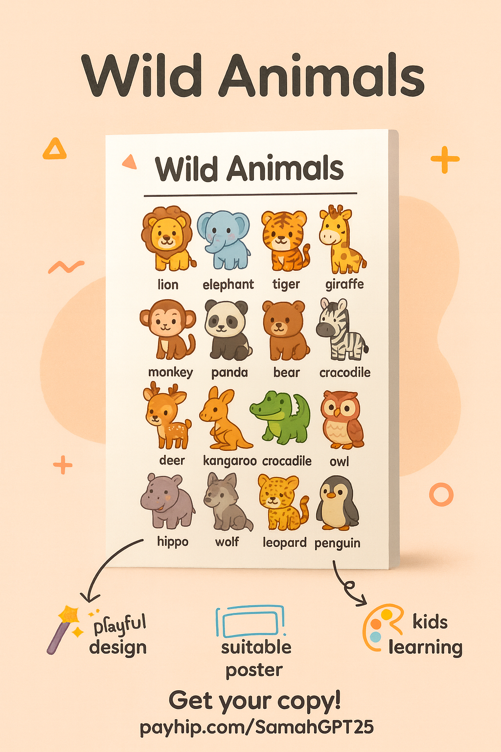 Kawaii Wild Animals Learning Chart – Cute Safari Creatures for Kids